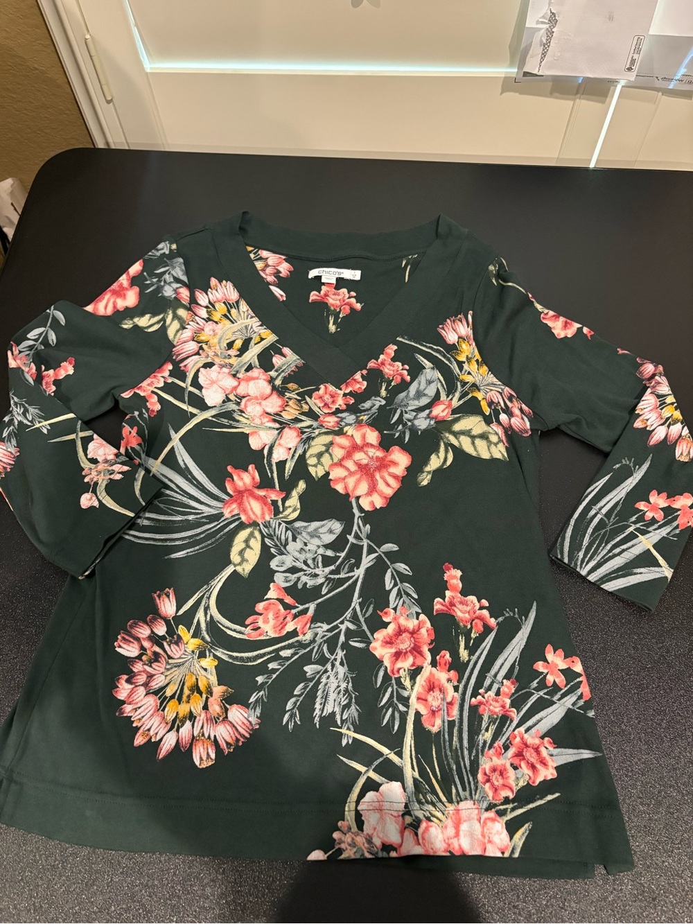 Forest Green Floral V-Neck Women's Top